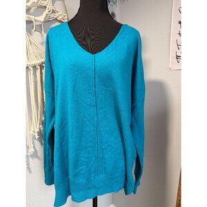 Zenana 1X/2X Turquoise V-Neck Sweater Long Sleeve Relaxed Fit Lightweight Knit